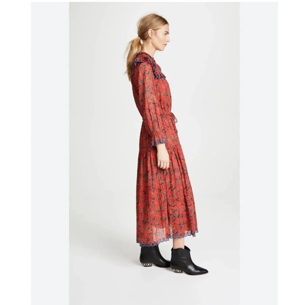 Isabel Marant Etoile Elina Floral Tiered Ruffle‎ Cinched Waist Midi Dress Red 12